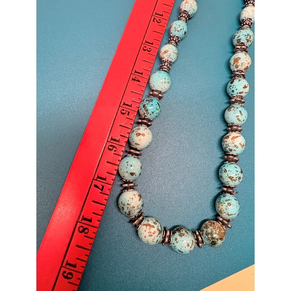 Turquoise Speckled Beaded Statement Necklace Silver Tone Boho Southwestern